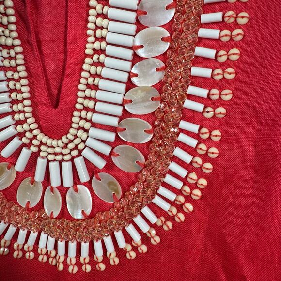 Talbots Top Women M Red Linen Shell Beaded Neck Detail Tunic Beach Spring Coast - Picture 7 of 9